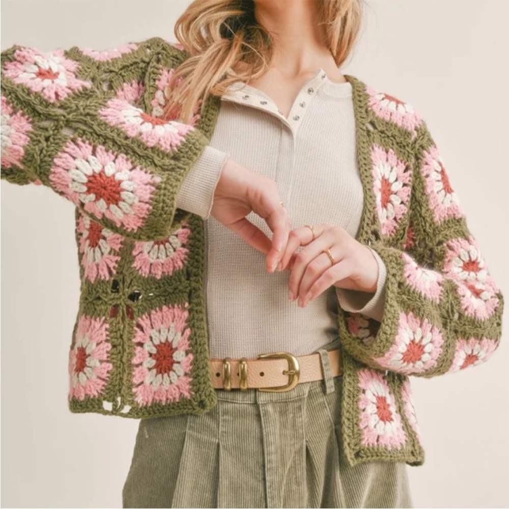 Sage The Label Whoopsie Daisy Crotchet Sweater XS Pink Green Cardigan‎ NWT